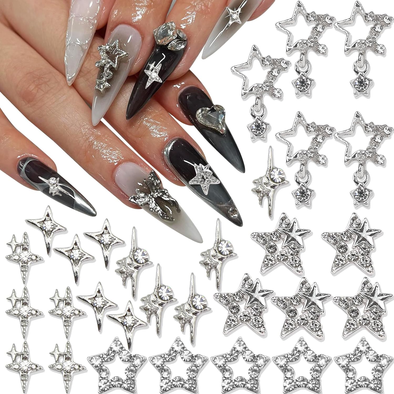 30PCS Silver Star Nail Charms  - Trending Tech Accessories ulasan dan harga